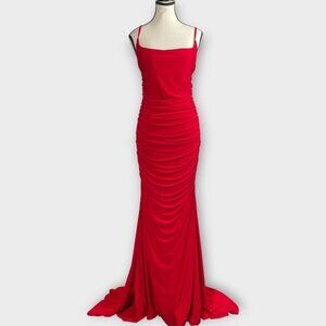 Club L London Adele Backless Ruched Fishtail Cami Maxi Dress Gown 8 US Red NEW